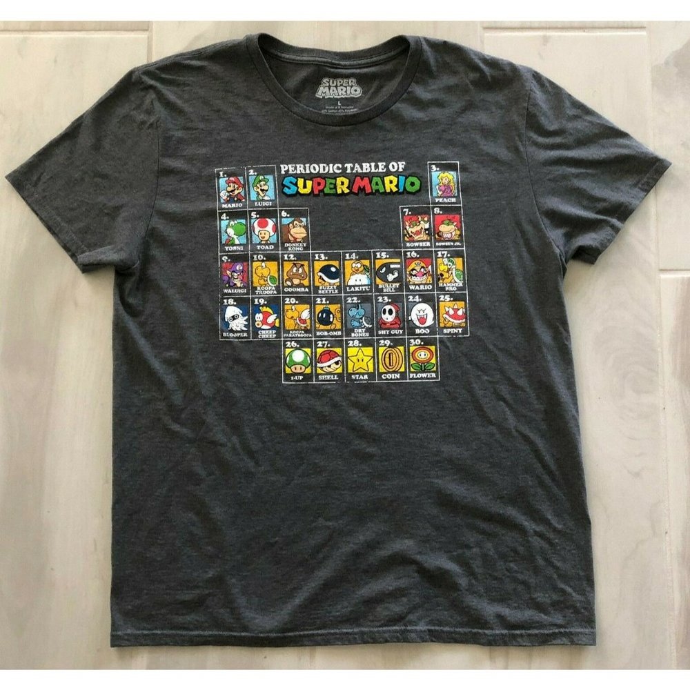 2017 PERIODIC TABLE OF SUPER MARIO MENS GRAY LARGE SHORT SLEEVE T-SHIRT